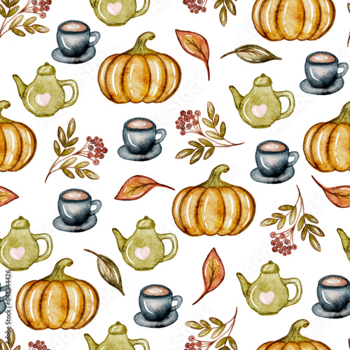 Autumn seamless pattern with cozy elements in watercolor style. Vector illustration of pumpkins, fall seasonal leaves photo