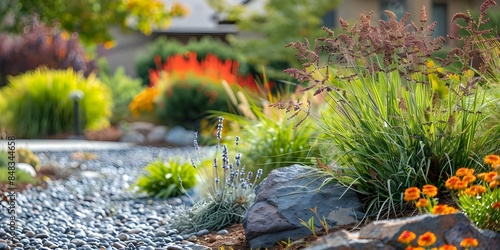 Sustainable landscaping featuring native plants and ecofriendly practices for yards and gardens. Concept Sustainable Gardening, Native Plants, Eco-friendly Landscaping, Yard Improvement photo