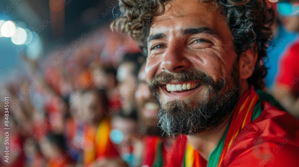 A smiling man with curly hair exuding joy and contentment among a crowd of spectators, symbolizing camaraderie and shared sports passion A smiling man with curly hair exuding joy and contentment among a crowd of spectators, symbolizing camaraderie and shared sports passion