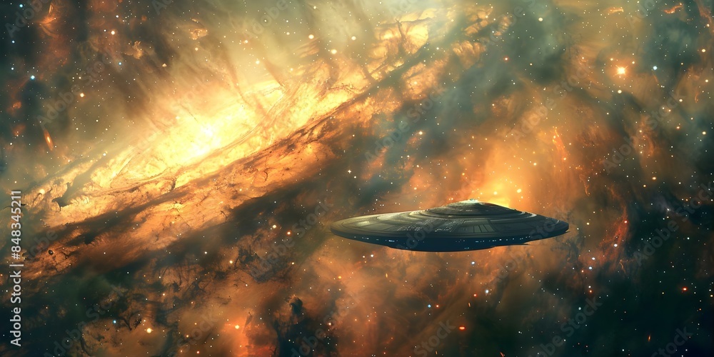 Starship dramatically escapes dying stars gravity in galaxy backdrop. Concept Sci-fi, Space Adventure, Escape, Galactic Empire, Starship Starship dramatically escapes dying stars gravity in galaxy backdrop. Concept Sci-fi, Space Adventure, Escape, Galactic Empire, Starship