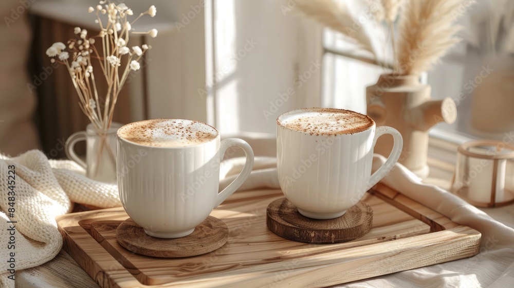 A tasty coffee in a beautiful cup in a boho interior, realistic photo