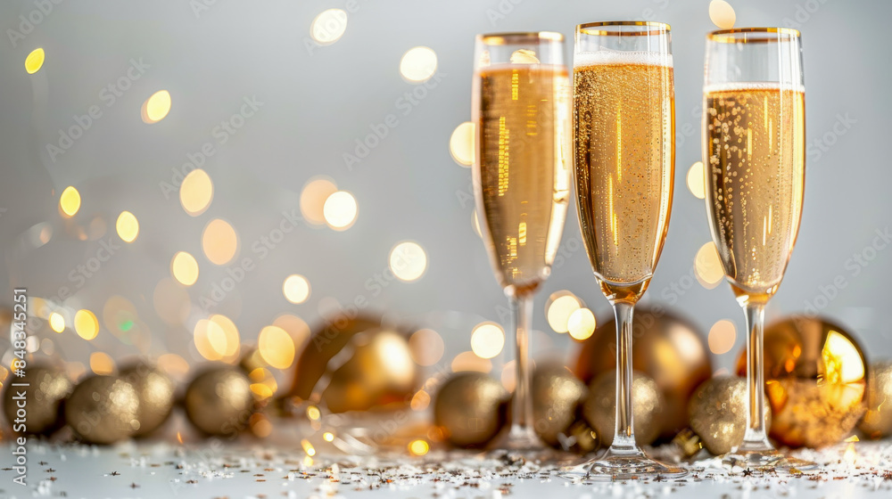 Three Festive Champagne Glasses Filled with Golden Liquid Arranged in a Diagonal Line Against a Blurred White Background with Small Golden Balls Creating a Soft and Warm Atmosphere Three Festive Champagne Glasses Filled with Golden Liquid Arranged in a Diagonal Line Against a Blurred White Background with Small Golden Balls Creating a Soft and Warm Atmosphere