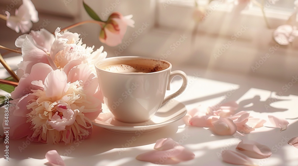 A tasty coffee in a beautiful cup in a boho interior, realistic photo A tasty coffee in a beautiful cup in a boho interior, realistic photo