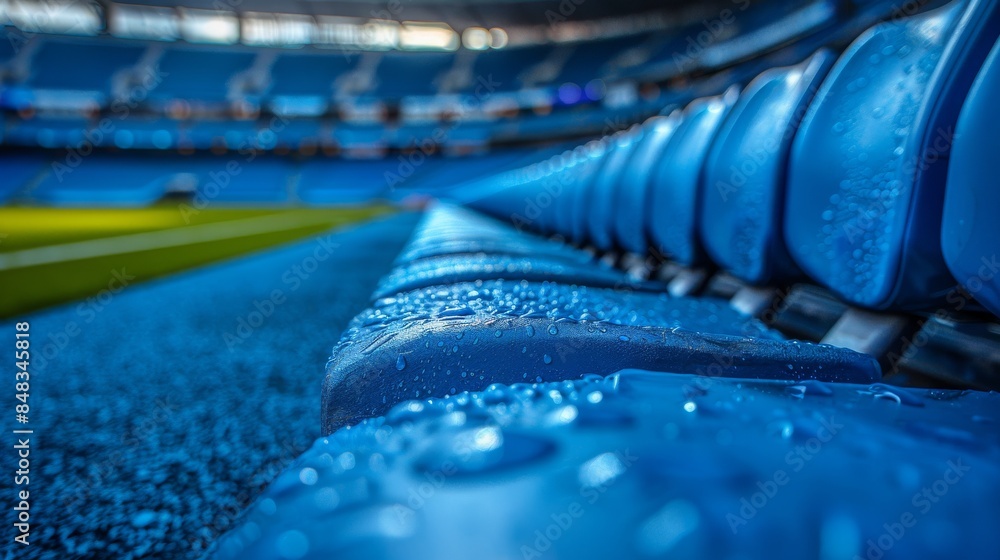 Obraz premium Detailed image of water droplets on blue stadium seating after rain