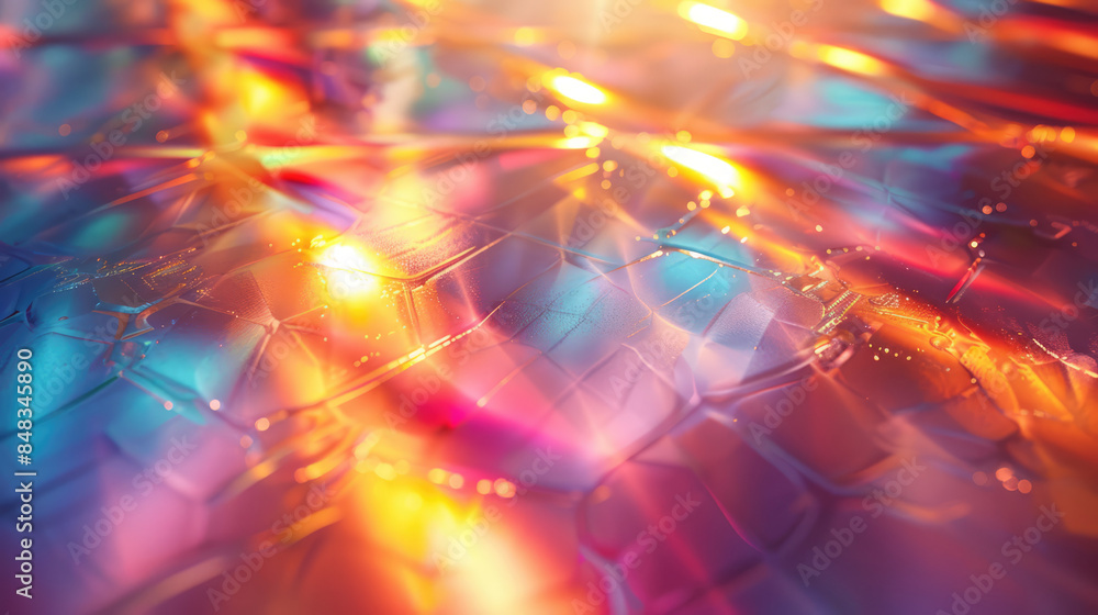 Abstract background with holographic rainbow flare reflection and geometric light reflection. Blurred rainbow light refraction texture overlay effect for photo