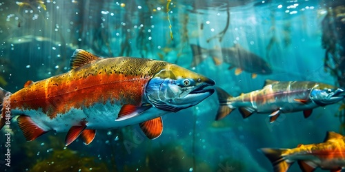 Chinook salmon swimming in a vibrant blue river A beautiful painting. Concept Nature, Salmon, River, Wildlife, Painting photo