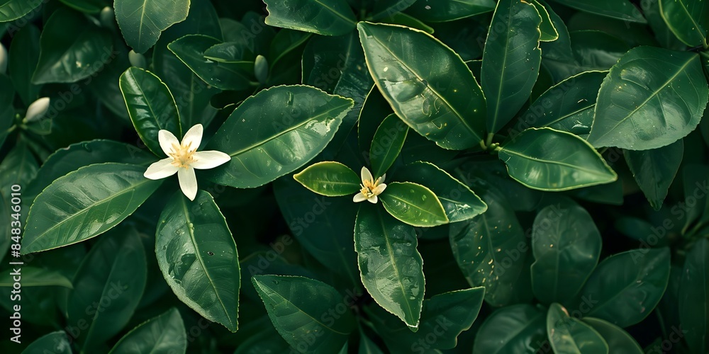 Obraz premium Vibrant green leaves enhance the beauty of Neroli blossoms capturing their essence. Concept Floral Photography, Nature's Beauty, Fragrant Blooms, Botanical Portraits, Citrus Blossoms