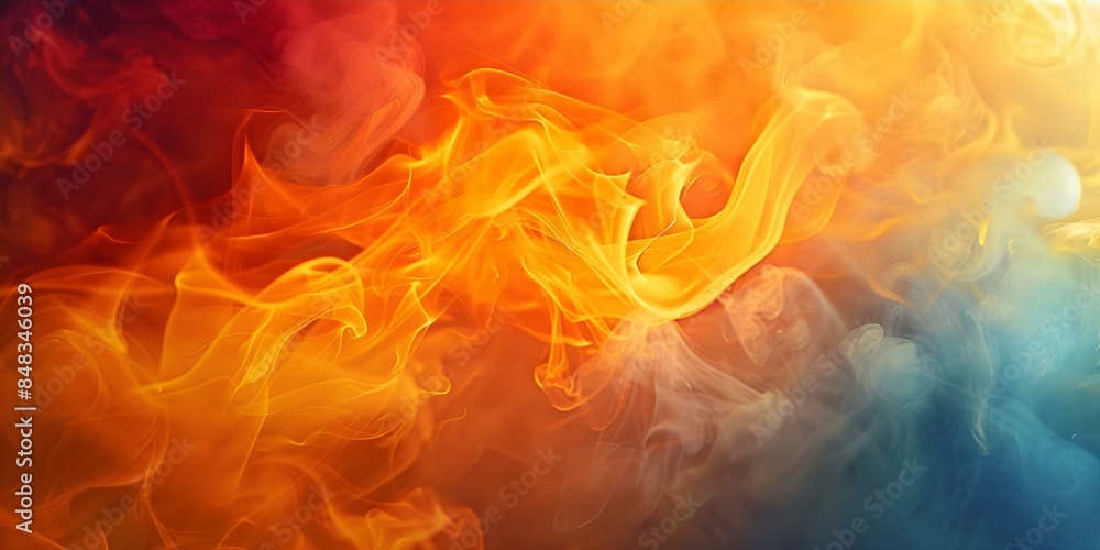Closeup of a blazing fire emitting orange and yellow smoke. Concept Fire Photography, Smoke Art, Abstract Flames, Warm Tones, Fiery Textures