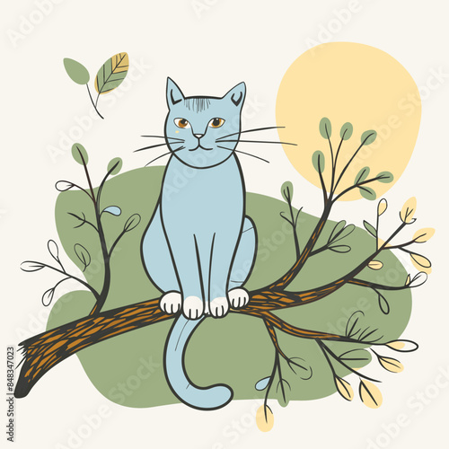 Cat sitting on a tree branch with birds
