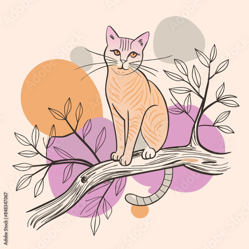 Cat sitting on a tree branch with birds
