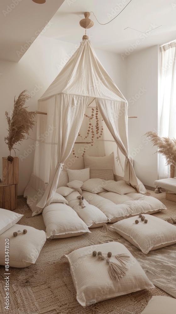 a small tent nestled in a Scandinavian nursery, adorned with soft pillows, cushions, and whimsical children's decor. a small tent nestled in a Scandinavian nursery, adorned with soft pillows, cushions, and whimsical children's decor.