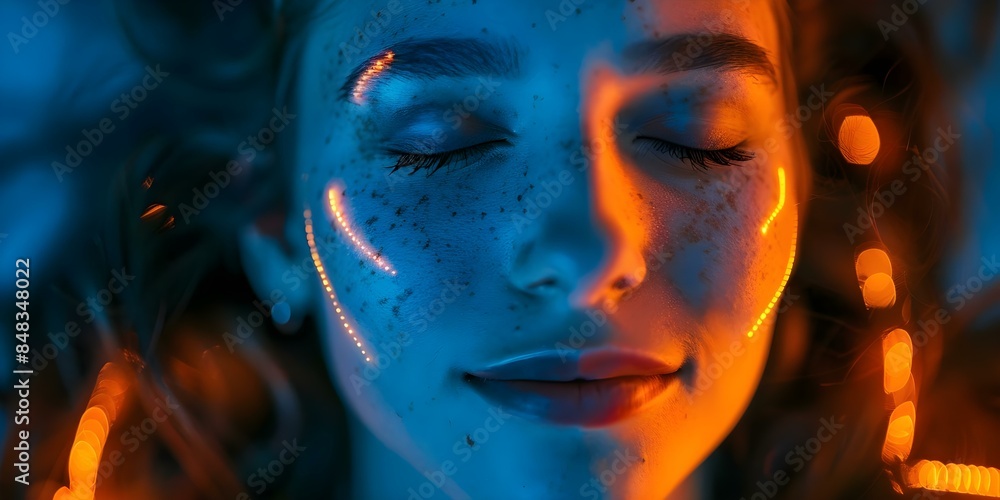 Woman with blue skin closed eyes glowing orange lines in dark setting. Concept Portrait Photography, Fantasy Theme, Female Model, Dark Background, Creative Lighting Woman with blue skin closed eyes glowing orange lines in dark setting. Concept Portrait Photography, Fantasy Theme, Female Model, Dark Background, Creative Lighting