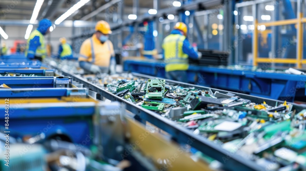 Recycling Plant Workers Sorting Electronics on Conveyor Belt. Workers in protective gear process and categorize electronic waste. Recycling Plant Workers Sorting Electronics on Conveyor Belt. Workers in protective gear process and categorize electronic waste.