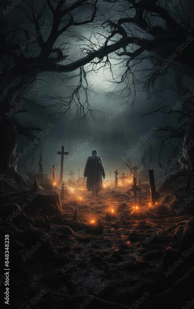Grim reaper walking through graveyard lit by candles at night Grim reaper walking through graveyard lit by candles at night