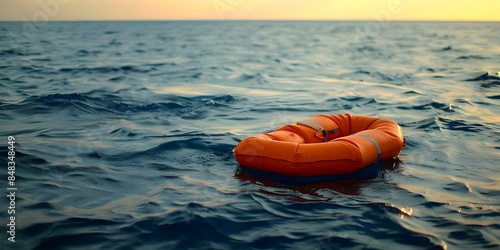 Unused orange life jacket floating at sea symbolizing emergency rescue equipment. Concept Survival Equipment, Emergency Rescue, Water Safety, Orange Life Jacket, Marine Safety © Anastasiia