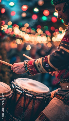 Traditional Bavarian Drummer at Oktoberfest with Colorful Festival Lights for Event Promotions and Posters photo