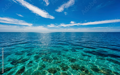 Seascape, blue sea surface and blue sky