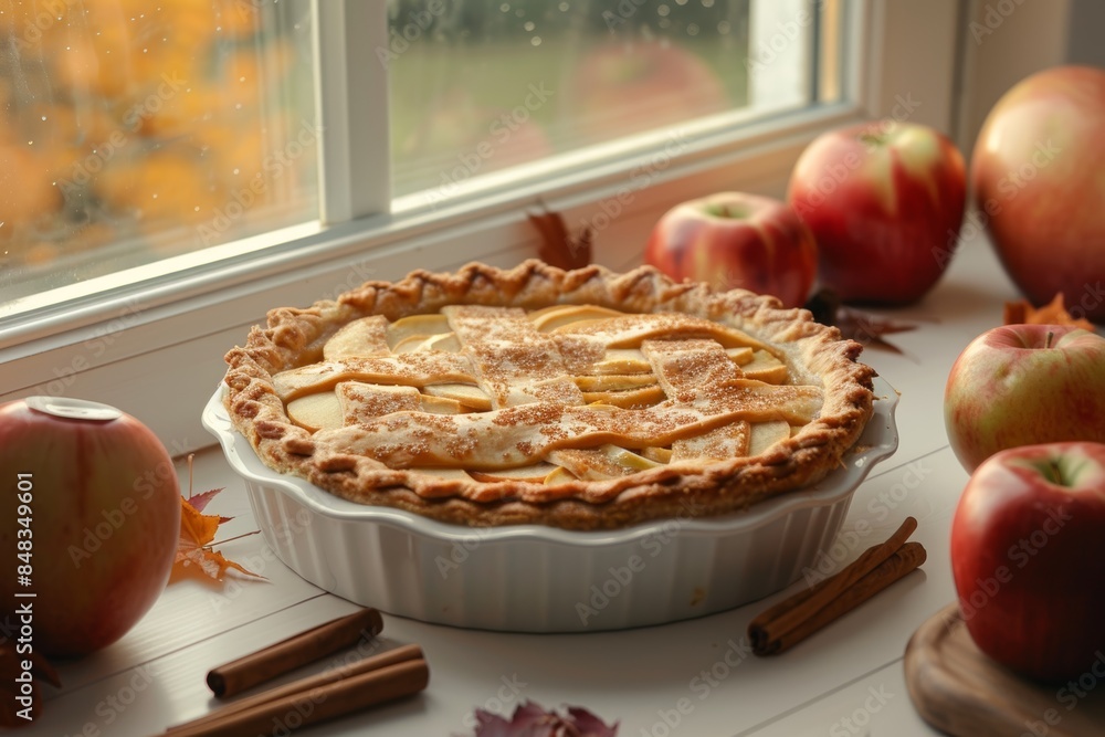 Gluten-Free Apple Pie with Golden Flaky Crust Cooling on Windowsill in Autumn Setting Gluten-Free Apple Pie with Golden Flaky Crust Cooling on Windowsill in Autumn Setting