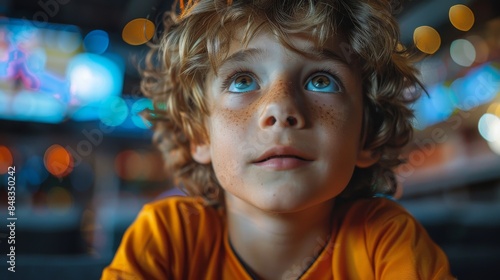 A young boy with curly hair gazes upwards, surrounded by bokeh lights creating a dreamy, colorful atmosphere