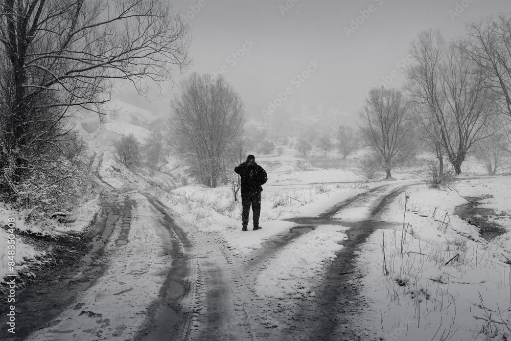 person walking in the snow