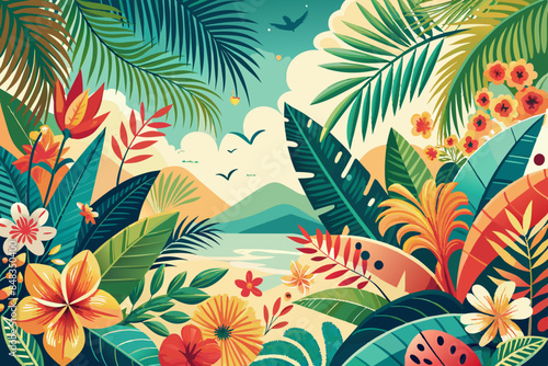 Tropical beach panorama with flowers and ocean view. Scenic coastal view with lush tropical flowers and sea.Exotic seaside with floral foreground and mountain background