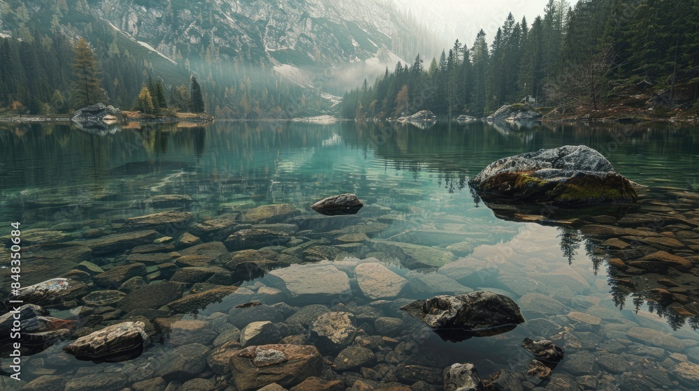 Fototapeta premium Lake surrounded by rocks with a backdrop of a forest
