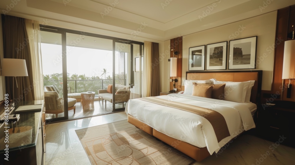 Luxurious Hotel Suite with Housekeeper Cleaning Balcony Doors and Scenic Mountain View Luxurious Hotel Suite with Housekeeper Cleaning Balcony Doors and Scenic Mountain View