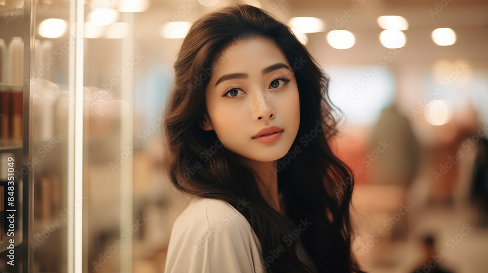 Obraz premium A portrait of a beautiful young Asian woman with perfect skin and long dark hair dressed in light t-shirt who is making shopping at the modern mall. Blurred background.