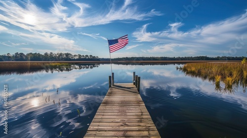 Fototapeta Naklejka Na Ścianę i Meble -  serene lake with an American flag flying at the end of a wooden dock