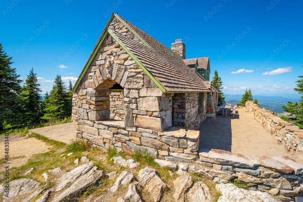 The stacked stone vista house overlooking the lakes and valleys below at the top of Mount Spokane at the Mt Spokane State Park in Spokane, Washington, USA. The stacked stone vista house overlooking the lakes and valleys below at the top of Mount Spokane at the Mt Spokane State Park in Spokane, Washington, USA.
