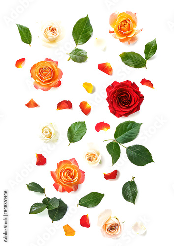 Fresh flying colorful roses and leaves isolated on white