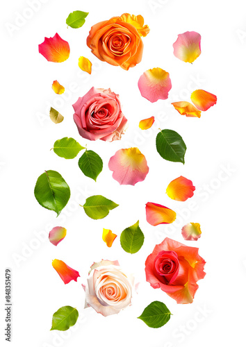 Fresh flying colorful roses and leaves isolated on white