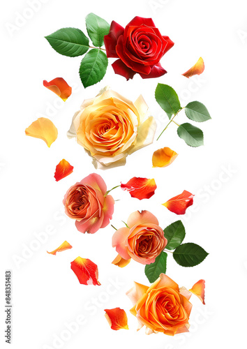 Fresh flying colorful roses and leaves isolated on white
