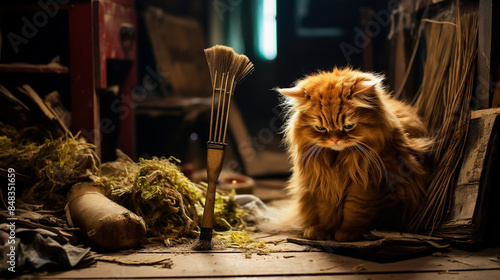 A fluffy ginger cat with a sad and offended look sits next to a pile of dust and garbage in a dimly lit lumber room photo