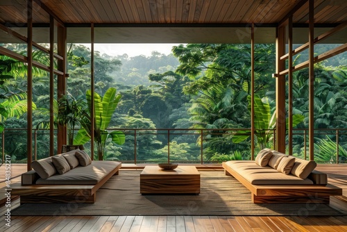Eco lodge hotel with tropical forest view, creating a serene and relaxing ambiance