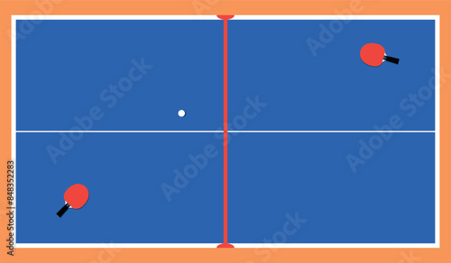 Ping pong or table tennis table with rackets and ball. View from above. Vector illustration
