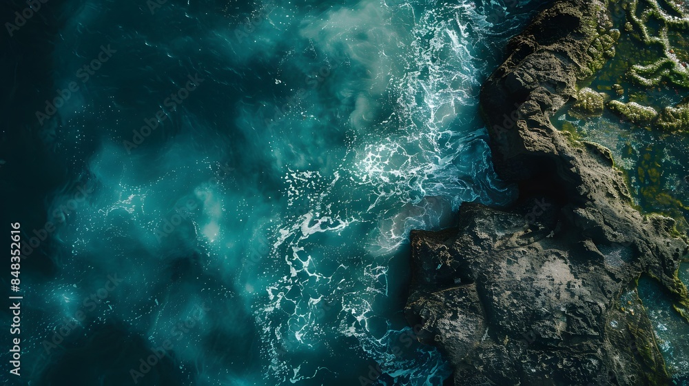 An aerial photograph showcasing the expansive ocean and rugged rocks along the coast An aerial photograph showcasing the expansive ocean and rugged rocks along the coast