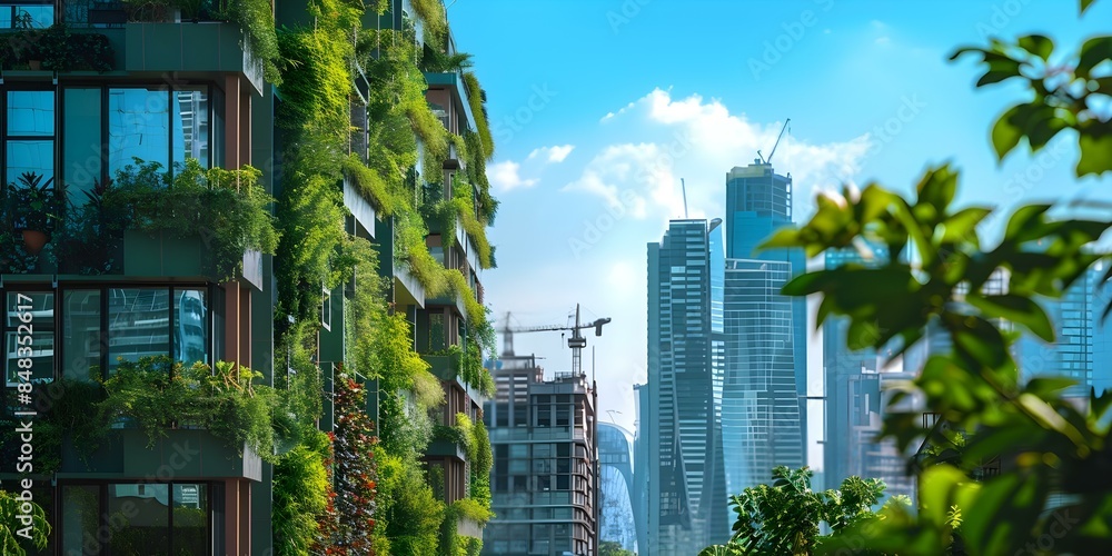 Fototapeta premium Urban skyline with green rooftops and vertical gardens reducing urban heat island. Concept Urban Greenery, Sustainable Architecture, Climate Change Mitigation, Green Roofs, Urban Heat Island