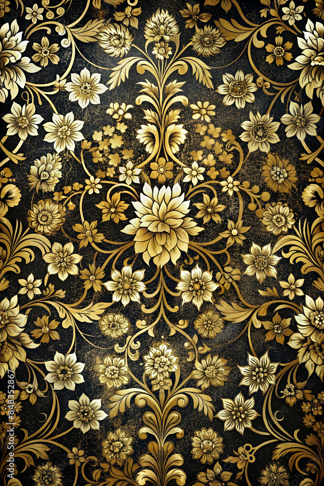 Intricate floral motifs on textured canvas. Intricate floral motifs on textured canvas.