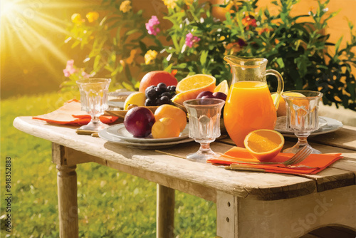 Fresh orange juice in glass beaker, slices of sliced oranges and basket on background of spring green nature with sunbeams. Vitamins and fruits. Healthy lifestyle. Spring background with orange juic