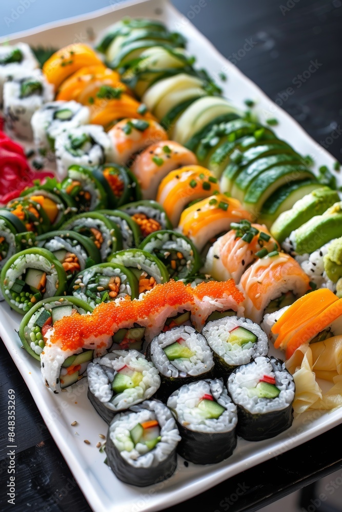 Colorful Raw Food Sushi Platter with Vegetable Rolls, Ginger, and Wasabi for Design and Display Colorful Raw Food Sushi Platter with Vegetable Rolls, Ginger, and Wasabi for Design and Display