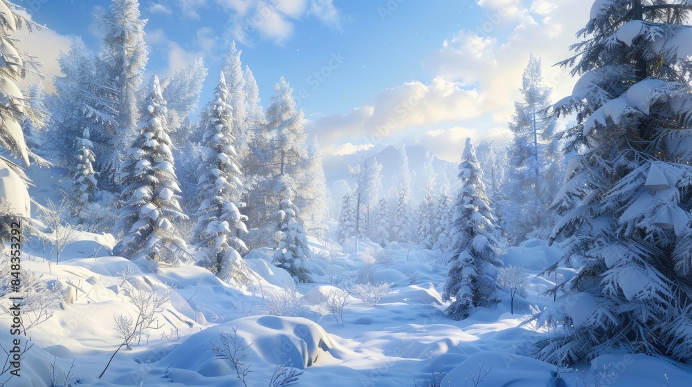 A stunning winter scene with snow draped trees in the chilly northern wilderness A stunning winter scene with snow draped trees in the chilly northern wilderness