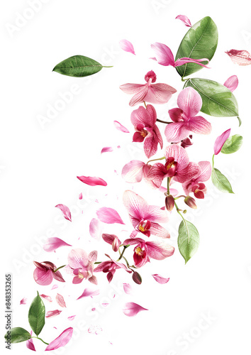 Fresh flying pink orchids and leaves isolated on white