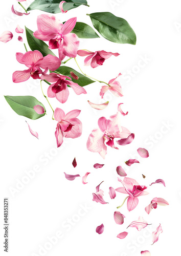 Fresh flying pink orchids and leaves isolated on white
