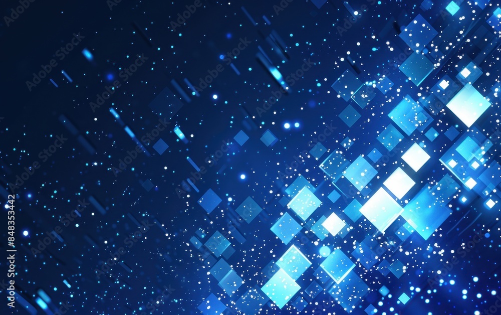 Blue background with white squares and glowing lines, creating an abstract technology-inspired design for presentation backgrounds or business LED screens Generative AI
