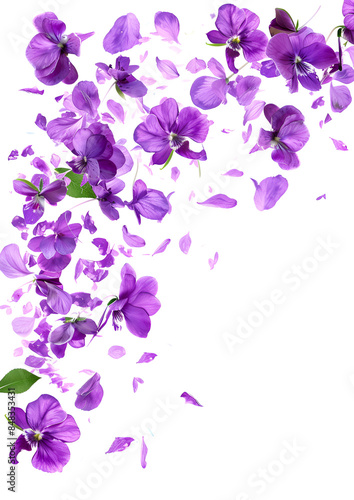 Fresh flying violet orchids and leaves isolated on white