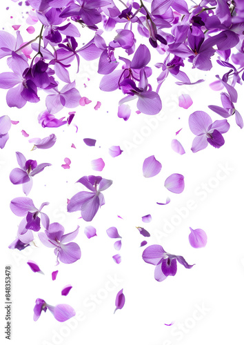 Fresh flying violet orchids and leaves isolated on white