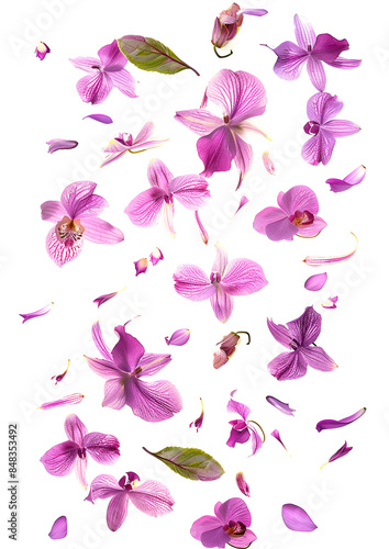 Fresh flying violet orchids and leaves isolated on white