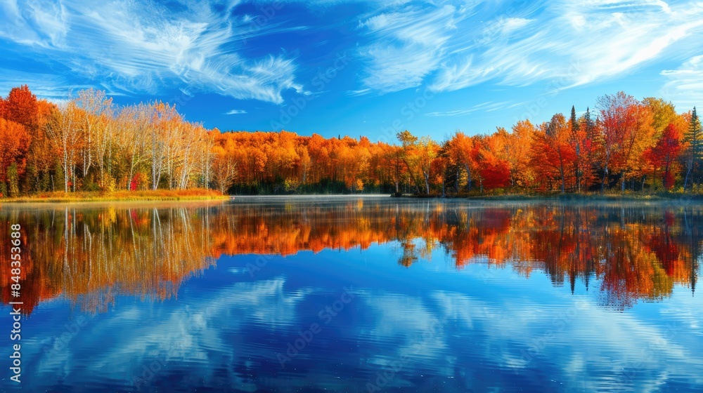 Fototapeta premium Reflection of an autumn lake against a backdrop of a blue sky and forest scenery