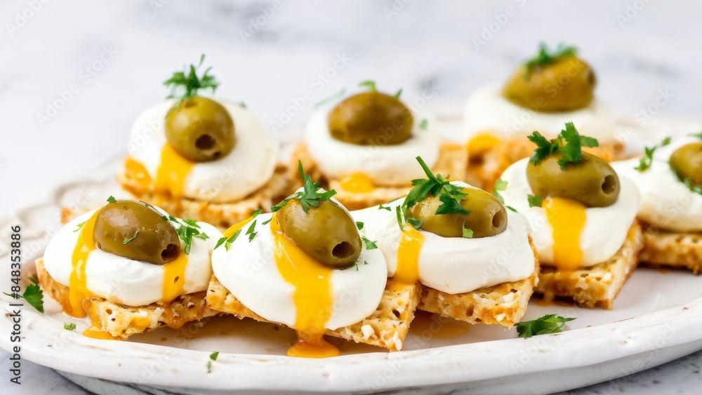 Salted crackers sprinkled with cream cheese, olives and yellow hot sauce. Salted crackers sprinkled with cream cheese, olives and yellow hot sauce.